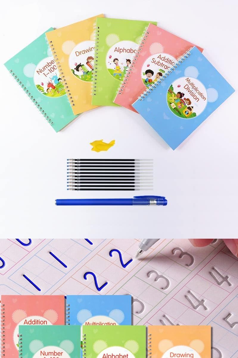 Kit d'entraînement à l'écriture manuscrite KiddoSpace(4livres+1xPoignée de stylo+1Stylo à Encre Spécial)