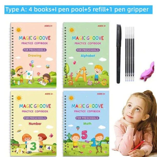 Kit d'entraînement à l'écriture manuscrite KiddoSpace(4livres+1xPoignée de stylo+1Stylo à Encre Spécial)