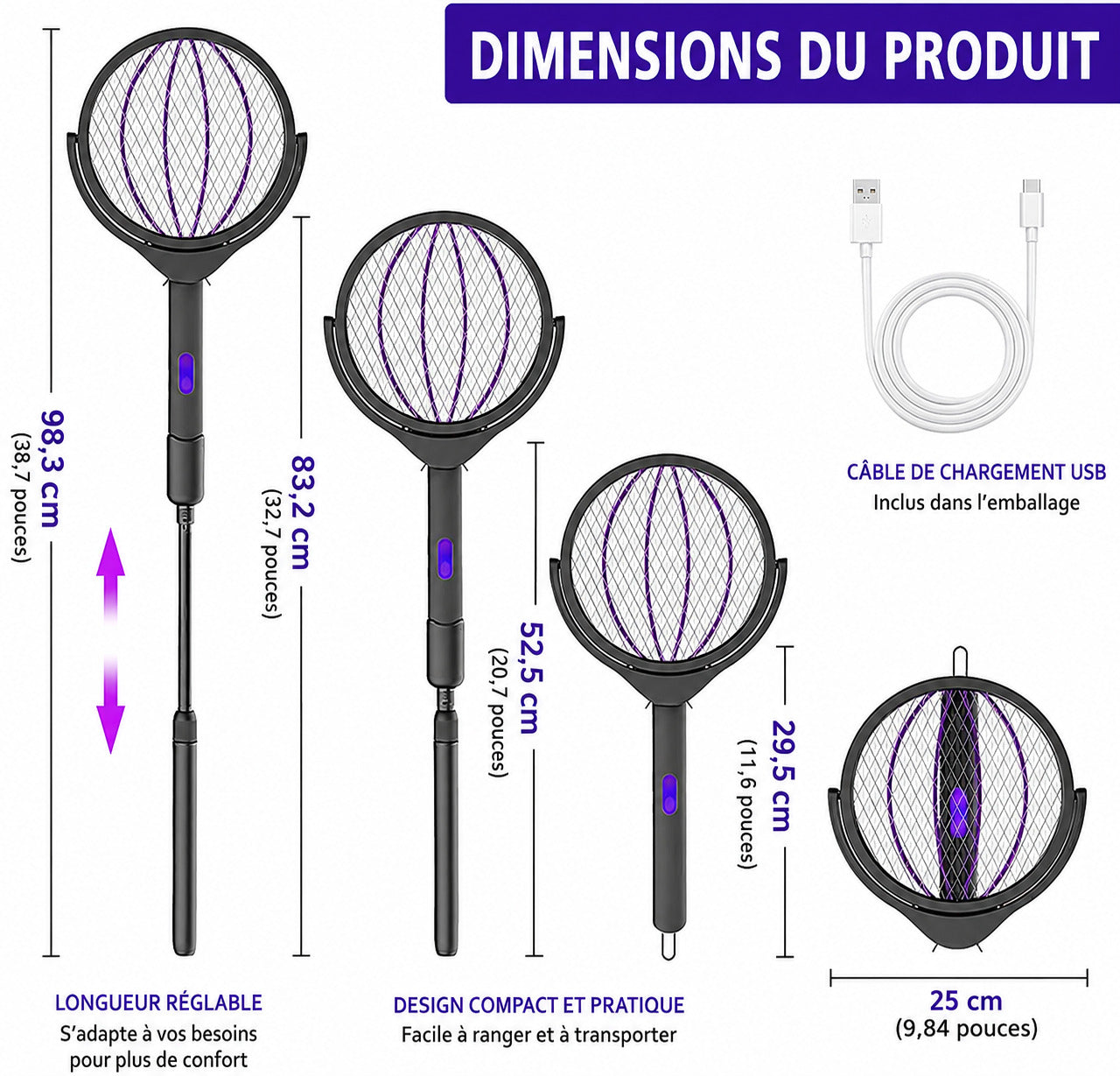 Raquette Anti-Moustiques 2-en-1 (Télescopique & Rotative)