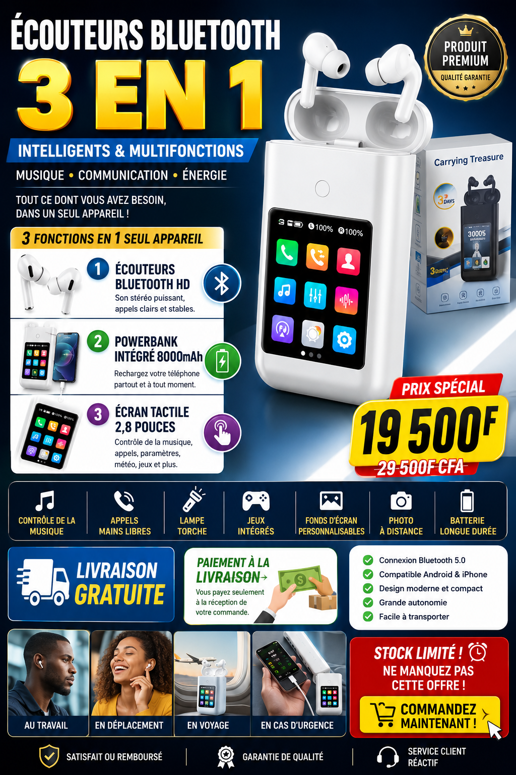 🎧 ÉCOUTEURS BLUETOOTH 3 EN 1 AVEC POWERBANK ET ECRANT TACTILE INTÉGRÉ