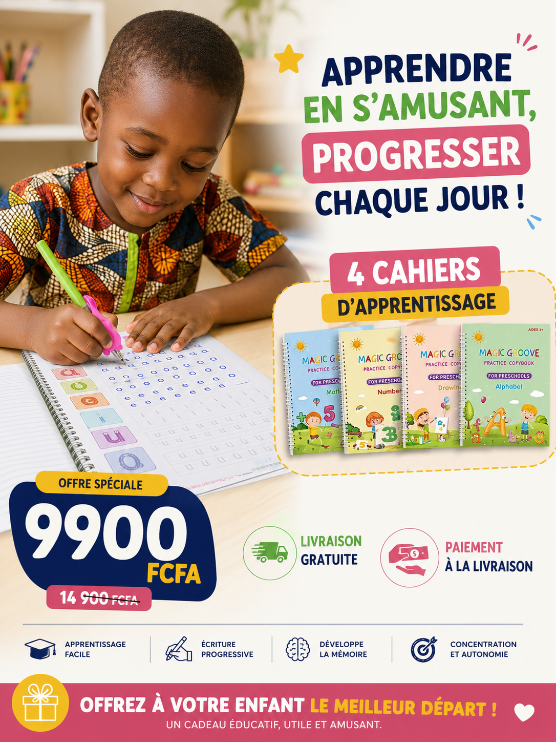 Kit d'entraînement à l'écriture manuscrite KiddoSpace(4livres+1xPoignée de stylo+1Stylo à Encre Spécial)
