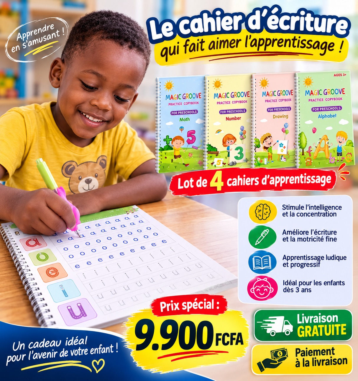 Kit d'entraînement à l'écriture manuscrite KiddoSpace(4livres+1xPoignée de stylo+1Stylo à Encre Spécial)