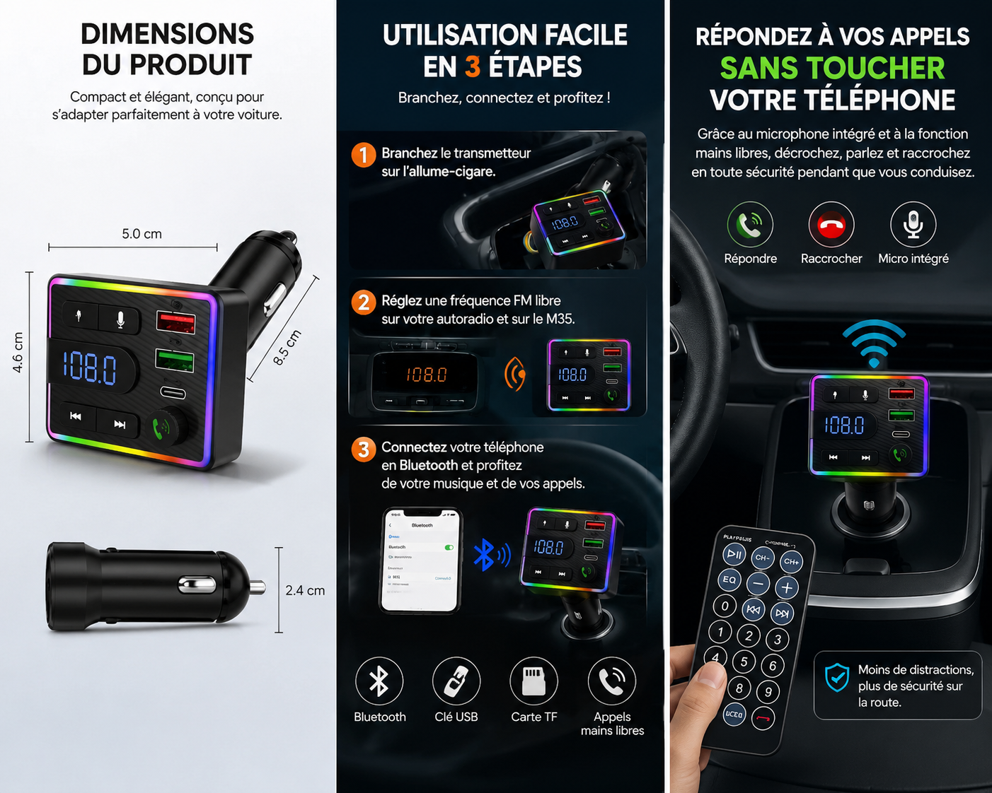 Transmetteur FM Bluetooth M35 avec télécommande fournie