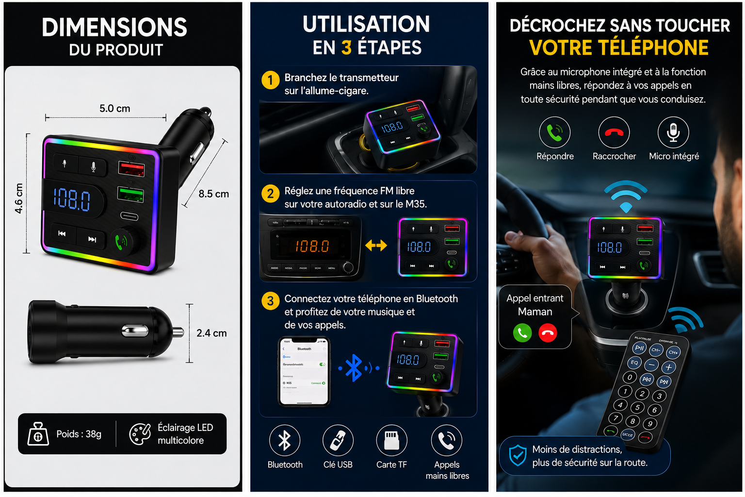 Transmetteur FM Bluetooth M35 avec télécommande fournie