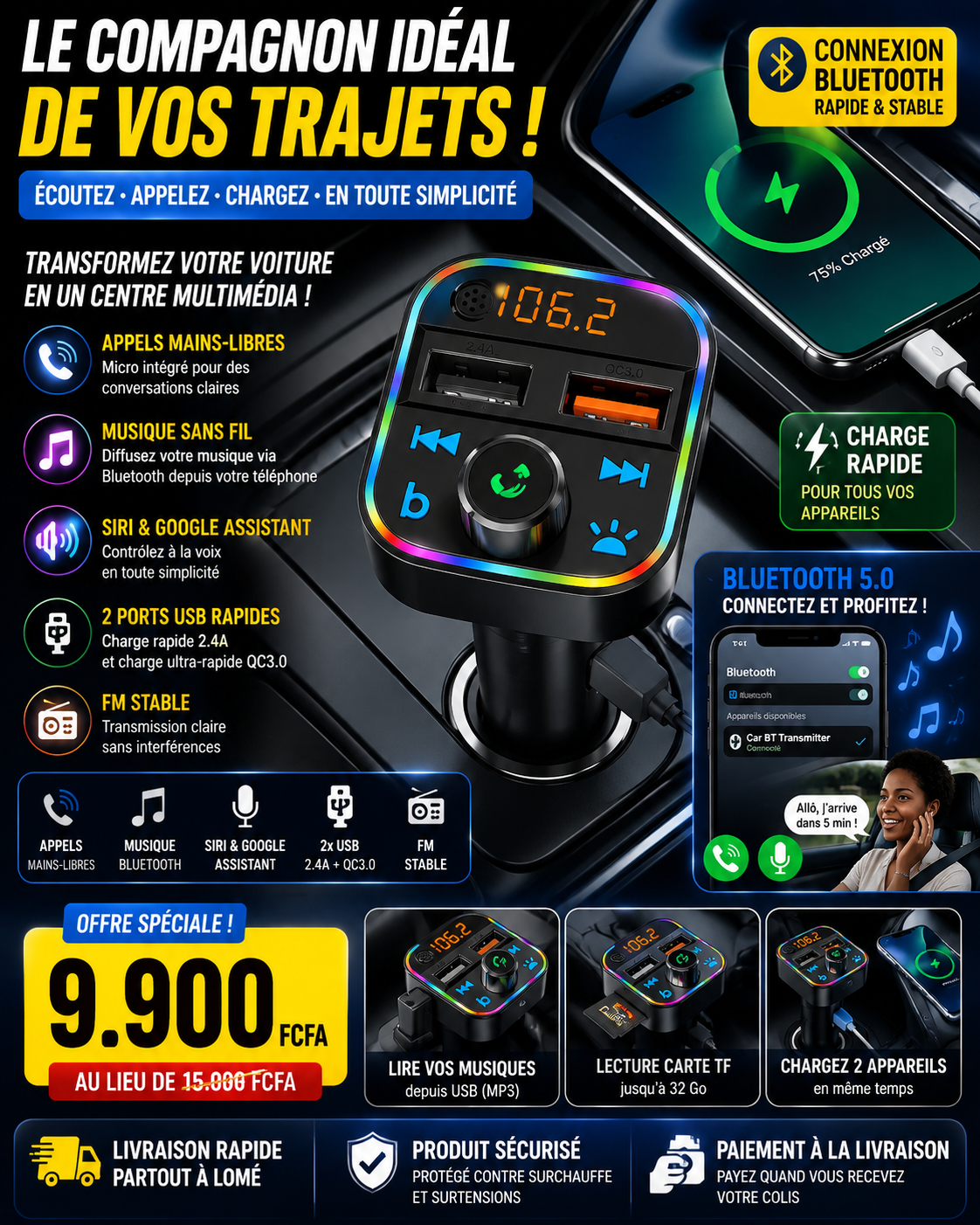 Transmetteur FM Bluetooth pour Voiture avec Charge Rapide USB – Kit Mains Libres & Lecteur MP3