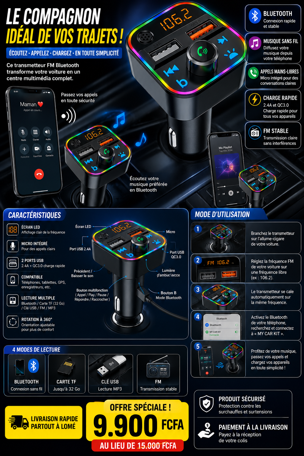 Transmetteur FM Bluetooth pour Voiture avec Charge Rapide USB – Kit Mains Libres & Lecteur MP3