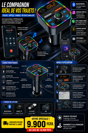 Transmetteur FM Bluetooth pour Voiture avec Charge Rapide USB – Kit Mains Libres & Lecteur MP3