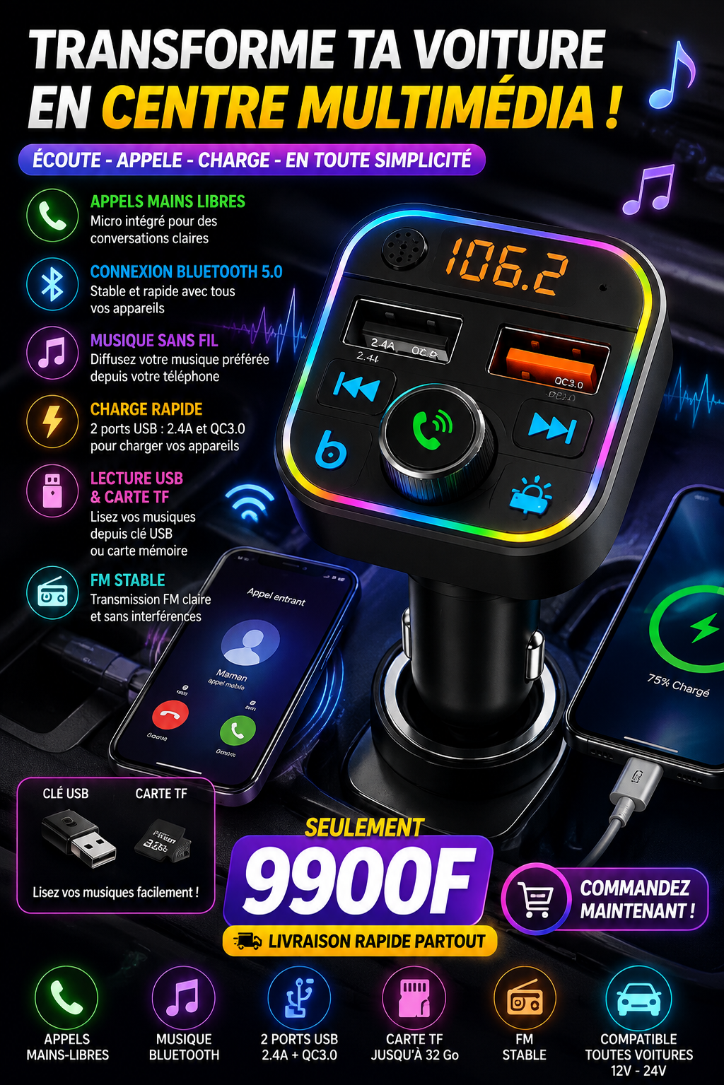 Transmetteur FM Bluetooth pour Voiture avec Charge Rapide USB – Kit Mains Libres & Lecteur MP3