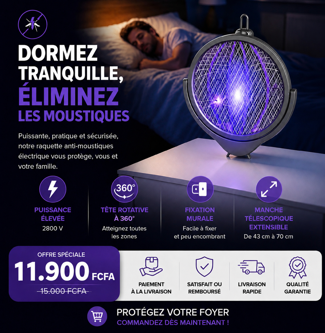 Raquette Anti-Moustiques 2-en-1 (Télescopique & Rotative)